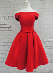 Red Satin Short Party Dress Outfits For Girls, Red Off Shoulder Homecoming Dress