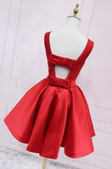 Red Satin Short Simple Backless Party Dress Outfits For Girls, Red Homecoming Dress