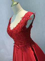 Red Satin V-neckline Floor Length Prom Dress Outfits For Girls, Backless Red Party Dress