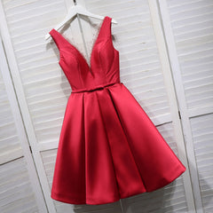 Red Satin V-neckline Knee Length Homecoming Dress Outfits For Girls, Red Short Prom Dress