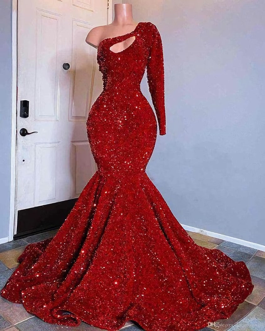 Red Sequined Black Girls Mermaid Prom Dresses For Black girls One Shoulder Long Sleeve Evening Gowns