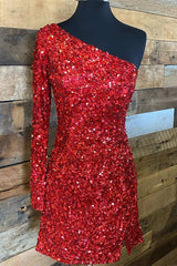 Red Sequins One-shoulder Long Sleeve Party Dress Outfits For Girls,Graduation Dresses