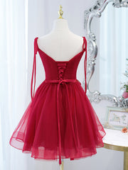 Red Straps Tulle Short Homecoming Dress Outfits For Women Prom Dress Outfits For Girls, Red V-neckline Formal Dresses