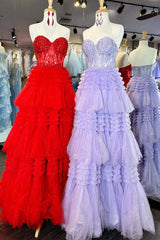 Red Sweetheart Sequins Top Multi-Layers Long Prom Dress Outfits For Girls,Tiered Formal Dresses