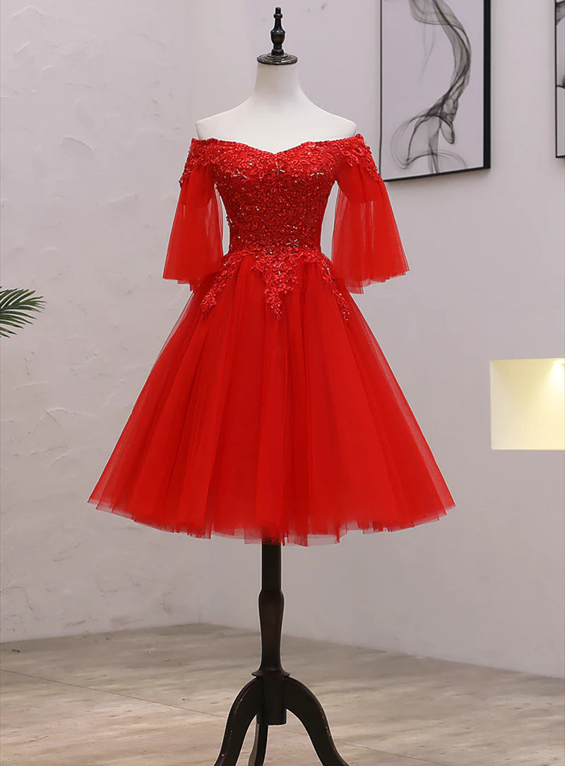 Red Sweetheart Tulle with Lace and Beaded Homecoming Dress Outfits For Girls, Red Party Dress