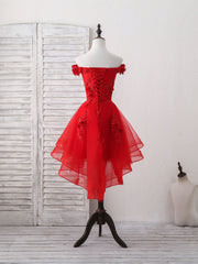 Red Tulle Lace Off Shoulder Short Prom Dress Outfits For Girls, Red Homecoming Dress