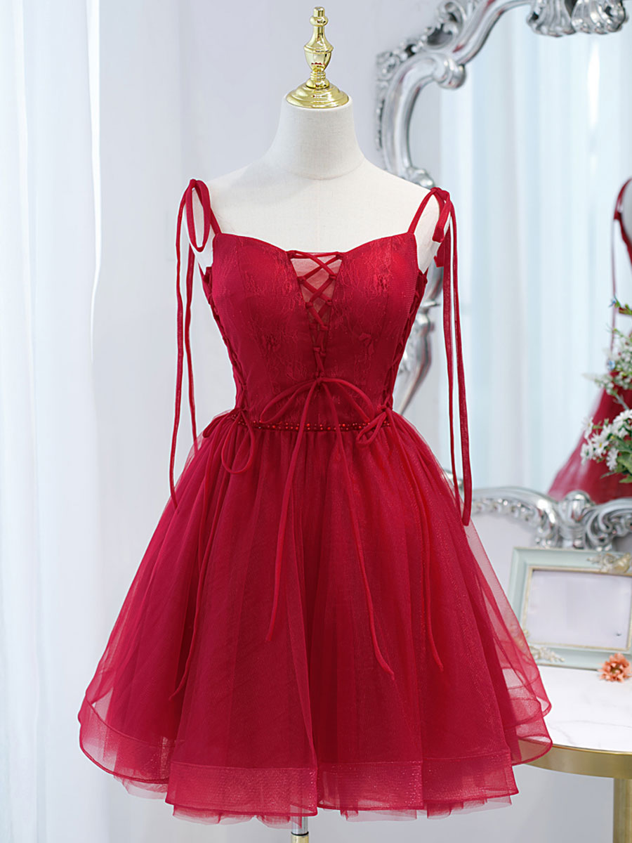 Red Tulle Lace Short Prom Dress Outfits For Women Red Lace Puffy Homecoming Dress