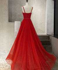 Red Tulle Long Prom Dress Outfits For Girls, Red Tulle Evening Dress