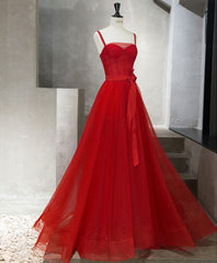 Red Tulle Long Prom Dress Outfits For Girls, Red Tulle Evening Dress