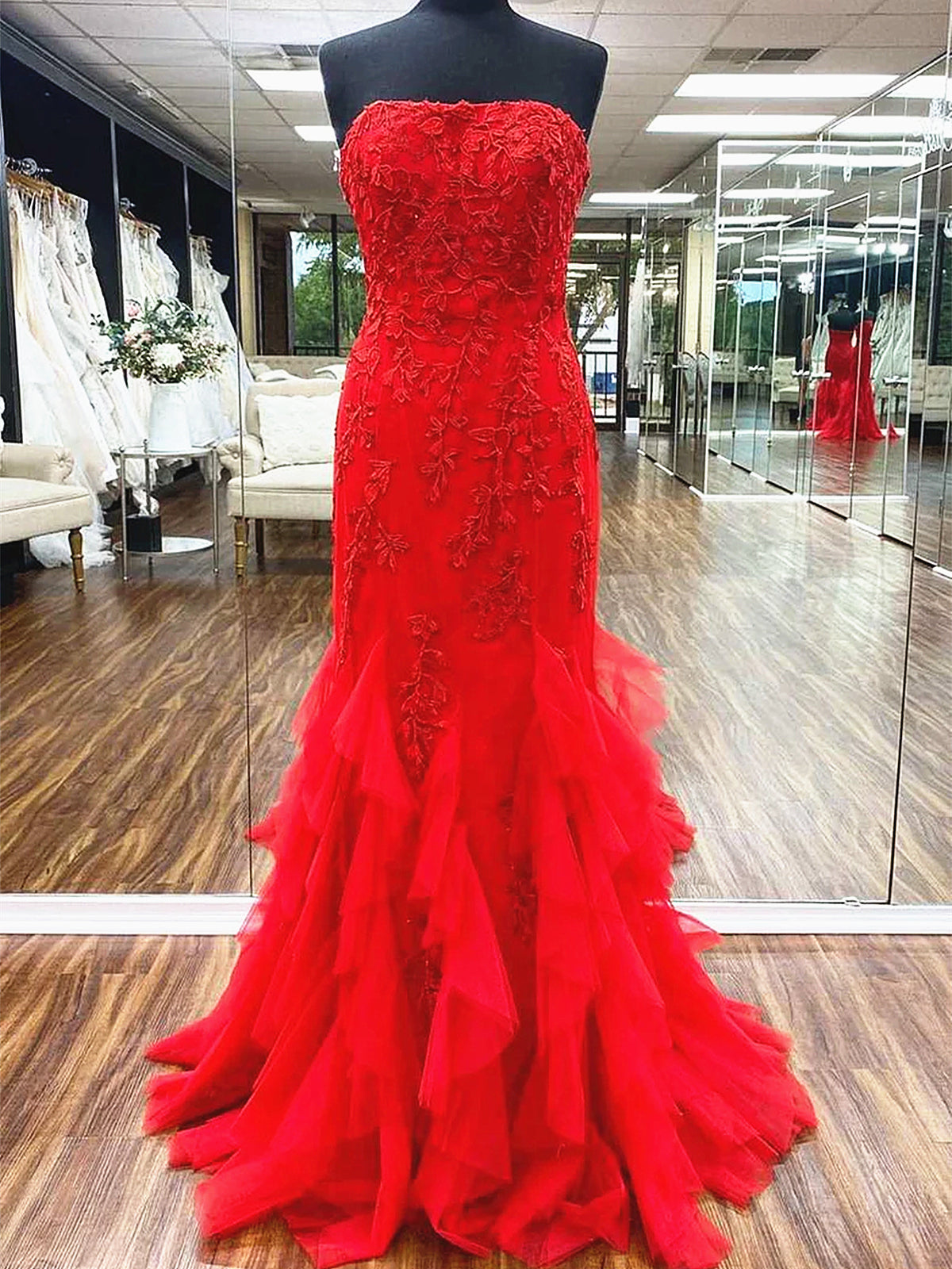 Red Tulle Ruffle Lace Mermaid Prom Dresses For Black girls For Women, Red Lace Ruffle Mermaid Long Formal Evening Dresses
