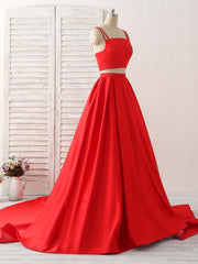 Red Two Pieces Satin Long Prom Dress Outfits For Women Simple Red Evening Dress