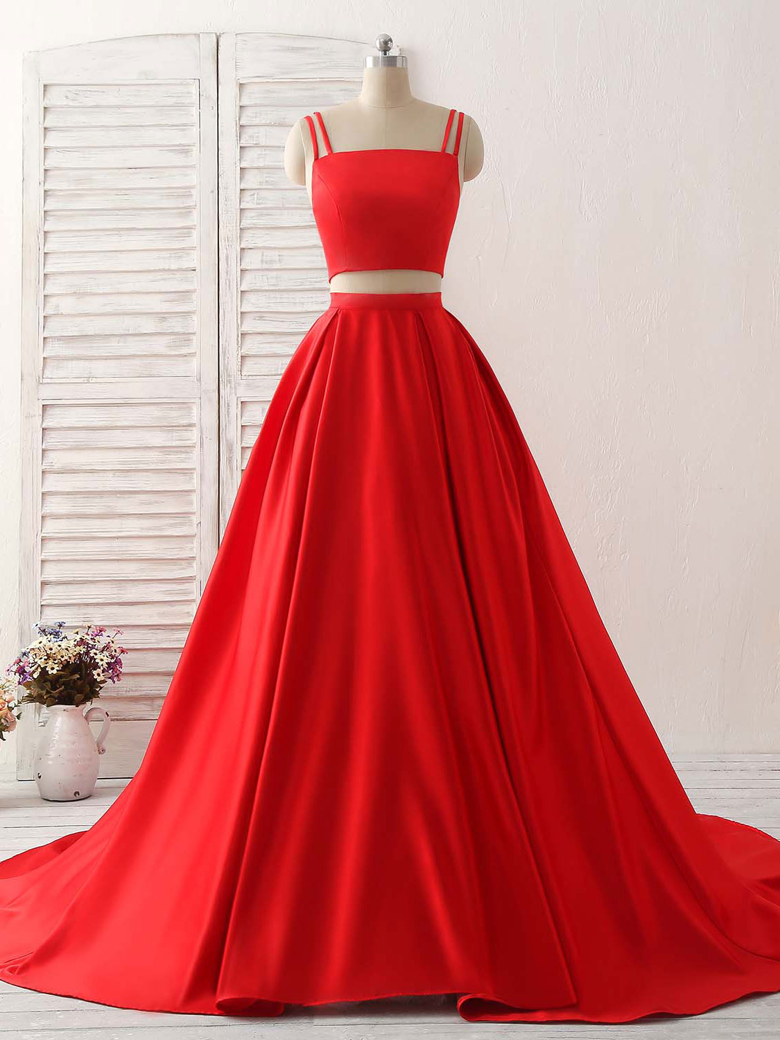 Red Two Pieces Satin Long Prom Dress Outfits For Women Simple Red Evening Dress