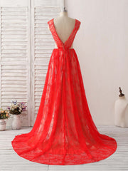 Red V Neck Lace Long Prom Dress Outfits For Girls, Lace Evening Dress