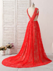 Red V Neck Lace Long Prom Dress Outfits For Girls, Lace Evening Dress