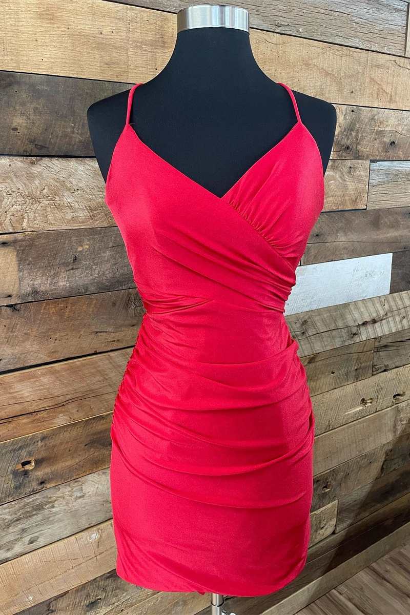 Red V Neck Lace-Up Short Homecoming Dress Outfits For Women Cocktail