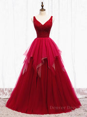 Red V Neck Long Prom Dresses with Corset Back, Red Floor Length Prom Gown, Evening Dresses