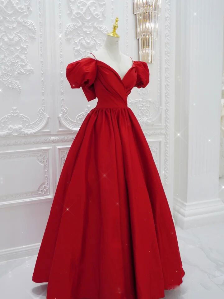 Red V Neck Satin Long Prom Dress Outfits For Girls, Red Formal Evening Dresses