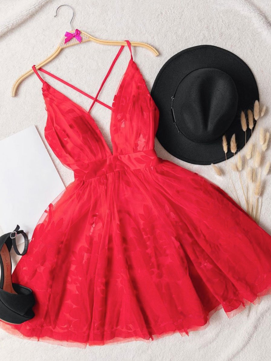 Red v neck tulle lace short prom Dress Outfits For Girls,Mini homecoming Dress Outfits For Women cocktail dress