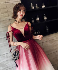 Unique Burgundy V Neck Long Prom Dress, Evening Dress