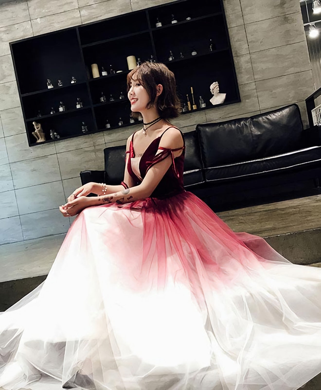 Unique Burgundy V Neck Long Prom Dress Evening Dress Secondary image