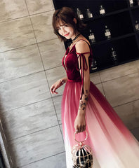 Unique Burgundy V Neck Long Prom Dress, Evening Dress