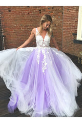 A Line Purple Tulle V Neck Floor Length Prom Dress With White Appliques