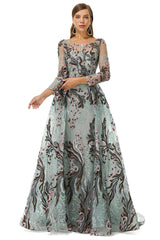 Round A-line Floor-length Long Sleeve Beading Appliques Lace Prom Dresses