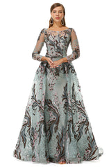Round A-line Floor-length Long Sleeve Beading Appliques Lace Prom Dresses