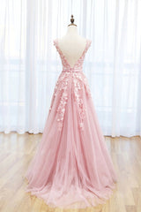 Round Neck Pink Lace Prom Dresses, Pink Lace Long Formal Evening Dresses