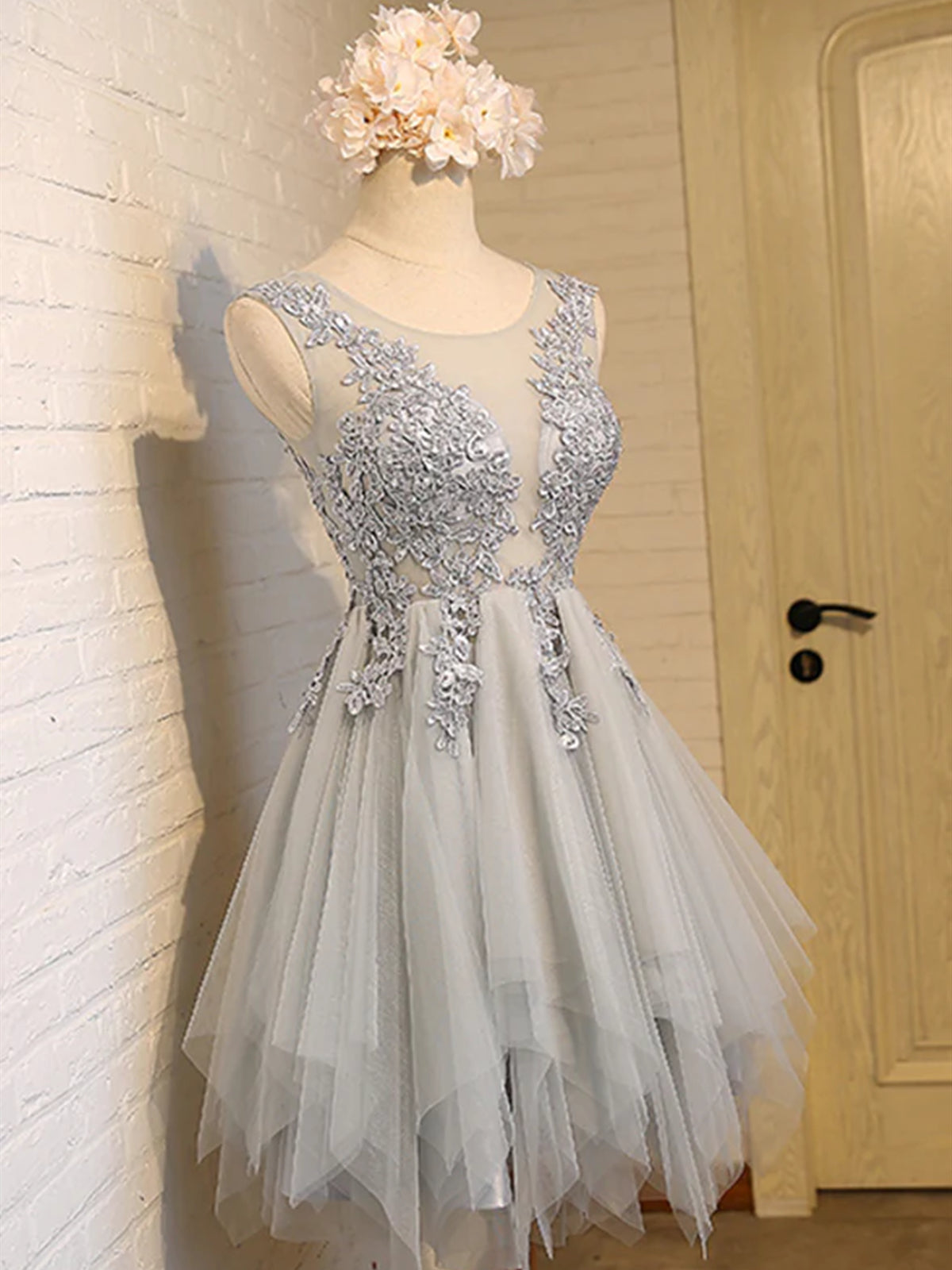 Round Neck Short Gray Lace Prom Dresses For Black girls For Women, Short Grey Lace Homecoming Dresses