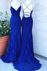 Royal Blue Lace Sheath Prom Dresses For Black girls Long Open Back