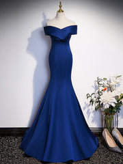 Royal Blue Mermaid Satin Long Prom Dress Outfits For Girls, Off Shoulder Blue Evening Dress
