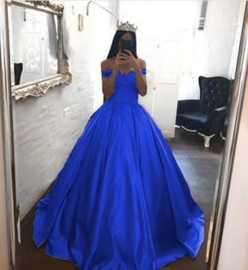 Royal Blue Prom Dresses Satin,Off the Shoulder Appliqued Quinceanera Dresses Sweep Train