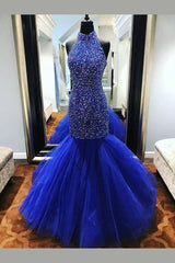 Royal Blue Rhinestones Prom Dress Outfits For Women Mermaid Tulle Skirt,Celebrity Dress
