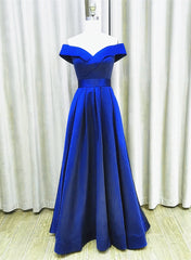 Royal Blue Satin A-line Simple Off Shoulder Prom Dress Outfits For Girls, Blue Bridesmaid Dress