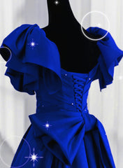 Royal Blue Satin Long Sweetheart Party Dress Outfits For Girls, Blue Satin Prom Dress