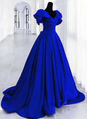 Royal Blue Satin Long Sweetheart Party Dress Outfits For Girls, Blue Satin Prom Dress