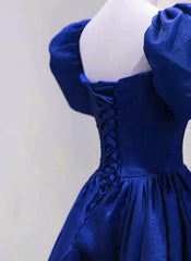 Royal Blue Satin Short Sleeves Wedding Party Dress Outfits For Girls, Royal Blue Party Dress Outfits For Women Prom Dress