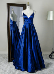 Royal Blue Satin Straps V-neckline Long Formal Dress Outfits For Girls, Royal Blue Prom Dress Outfits For Women Evening Dress