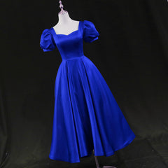 Royal Blue Satin Tea Length Wedding Party Dress Outfits For Girls, Blue Prom Homecoming Dress
