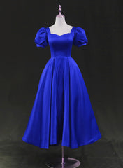 Royal Blue Satin Tea Length Wedding Party Dress Outfits For Girls, Blue Prom Homecoming Dress
