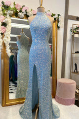 Royal Blue Sequin Halter Long Formal Dress Outfits For Women with Slit Prom Dresses