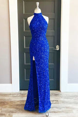 Royal Blue Sequin Halter Long Formal Dress Outfits For Women with Slit Prom Dresses