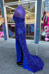 Royal Blue Sequin One-Shoulder Backless Long Prom Dresses For Black girls with Slit,Evening Party Dress