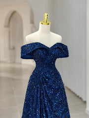 Royal Blue Sequins Long Prom Dress Outfits For Girls,Off the Shoulder Formal Evening Dresses