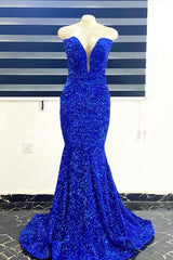 Royal Blue Sequins Strapless Mermaid Long Prom Dress