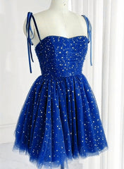 Royal Blue Sparkle Tulle Sweetheart Short Formal Dress Outfits For Girls, Blue Short Homecoming Dress