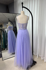 Royal Blue Straps Appliques A-line Tulle Long Prom Dress