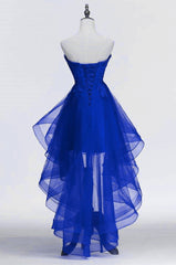 Royal Blue Tulle with Lace Applique High Low Party Dress Outfits For Girls, Blue Homecoming Dress