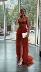 Rust Red Sweetheart High Low Tiered Prom Evening Dresses Tulle Formal Dress
